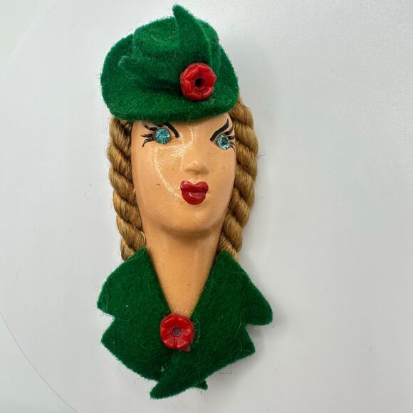 Elzac 1940s vintage lady woman's face lady green felt rhinestones
